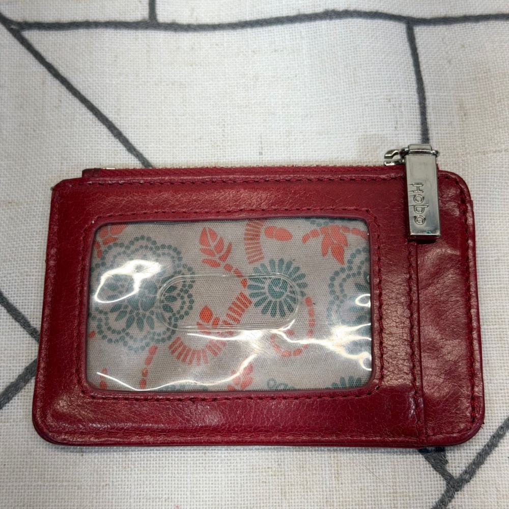 Hobo Card Case OS Red Leather Slim ID Window Key Ring Wallet